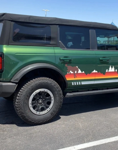 Ford Bronco Retro Tree & Mountain Decals for Side, Hood Cowl, and Rocker - Satin Retro Stripes - Overland Adventure Style